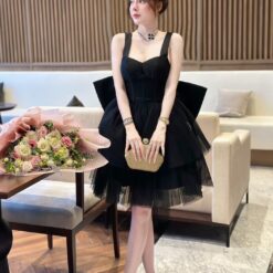 ชุดเดรส แต่งโบว์ ฟูฟ่อง สีดำ 2120 Size S BKK