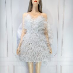 ชุดเดรส สายเดี่ยว ขนนก แต่งโบว์ สีขาว 2122 Size M BKK