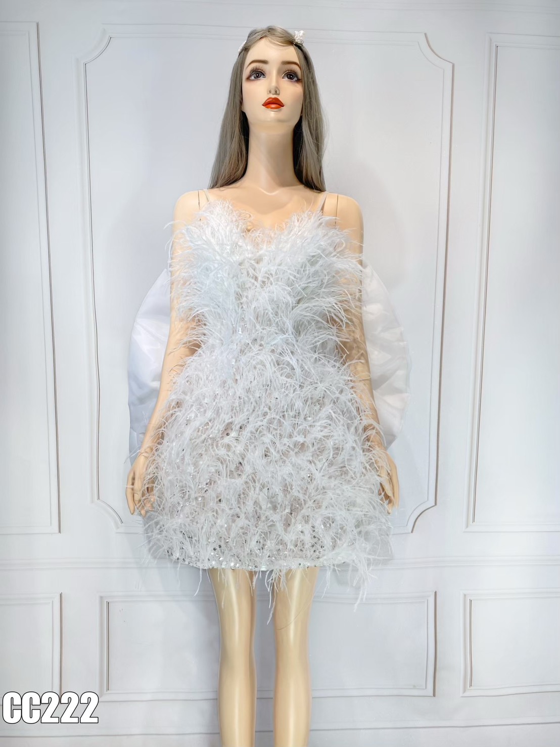 ชุดเดรส สายเดี่ยว ขนนก แต่งโบว์ สีขาว 2122 Size M BKK - Image 5