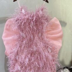 ชุดเดรส สายเดี่ยว ขนนก แต่งโบว์ สีชมพู 2123 Size M BKK