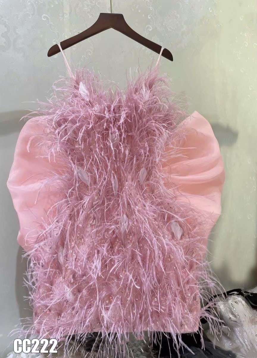 ชุดเดรส สายเดี่ยว ขนนก แต่งโบว์ สีชมพู 2123 Size M BKK