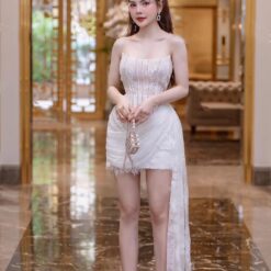 ชุดเดรส เกาะอก แต่งเพชร สีขาว 2124 Size S BKK