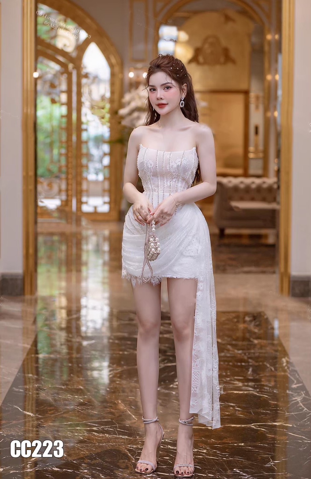 ชุดเดรส เกาะอก แต่งเพชร สีขาว 2124 Size S BKK - Image 3