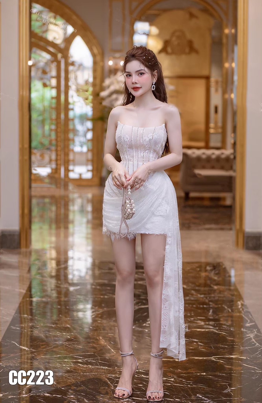 ชุดเดรส เกาะอก แต่งเพชร สีขาว 2124 Size S BKK - Image 4