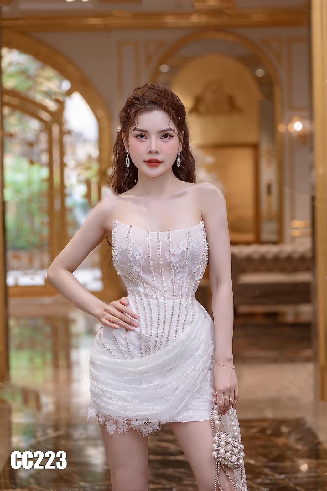 ชุดเดรส เกาะอก แต่งเพชร สีขาว 2124 Size S BKK - Image 2
