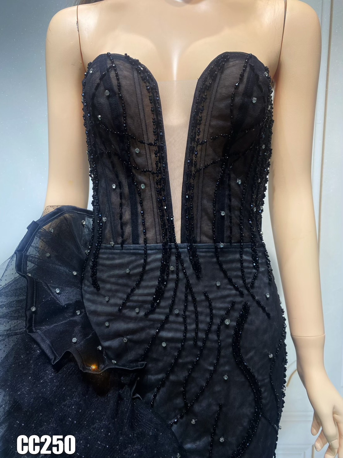 ชุดเดรส ราตรียาว แต่งมุก+เพชร สีดำ 3031 Size M BKK - Image 8