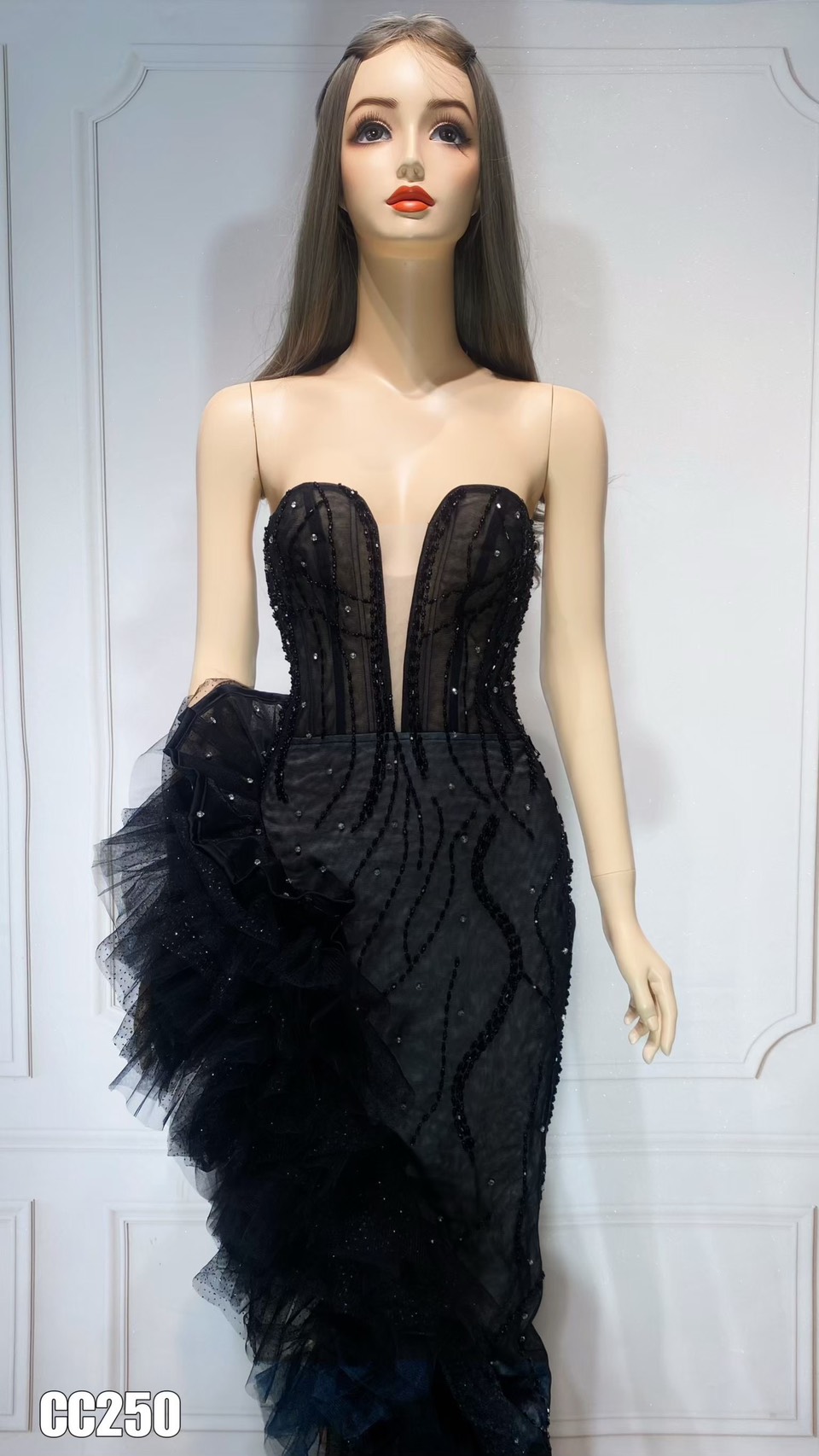 ชุดเดรส ราตรียาว แต่งมุก+เพชร สีดำ 3031 Size M BKK - Image 7