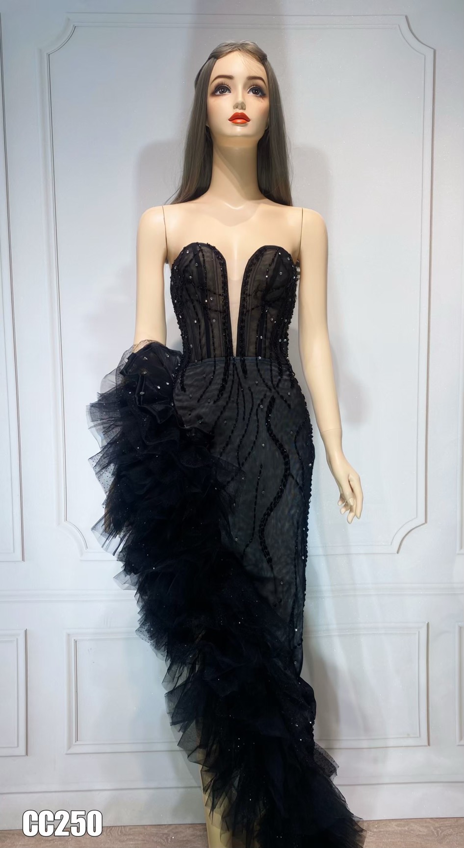 ชุดเดรส ราตรียาว แต่งมุก+เพชร สีดำ 3031 Size M BKK - Image 9