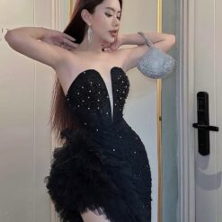 ชุดเดรส ราตรียาว แต่งมุก+เพชร สีดำ 3031 Size M BKK