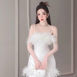 ชุดเดรส สายเดี่ยว แต่งขน สีขาว 2126 Size S-M BKK
