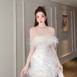 ชุดเดรส สายเดี่ยว แต่งขน สีขาว 2126 Size S-M BKK
