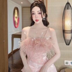 ชุดเดรส สายเดี่ยว แต่งขน สีชมพู 2127 Size M BKK