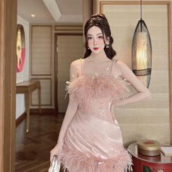 ชุดเดรส สายเดี่ยว แต่งขน สีชมพู 2127 Size M BKK