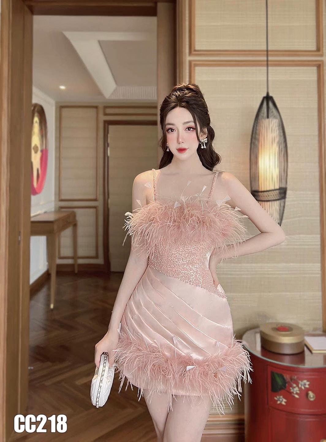 ชุดเดรส สายเดี่ยว แต่งขน สีชมพู 2127 Size M BKK - Image 3