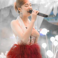 ชุดเดรส คล้องคอ แต่งขน+มุก สีขาว-แดง 2128 Size S BKK