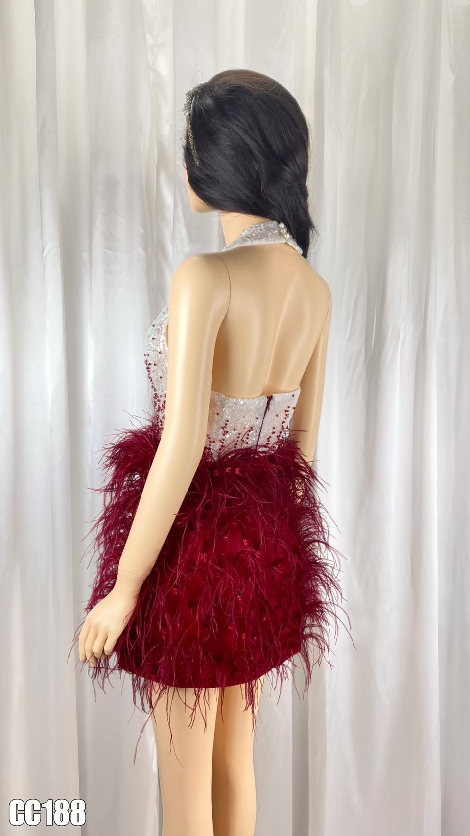 ชุดเดรส คล้องคอ แต่งขน+มุก สีขาว-แดง 2128 Size S BKK - Image 8