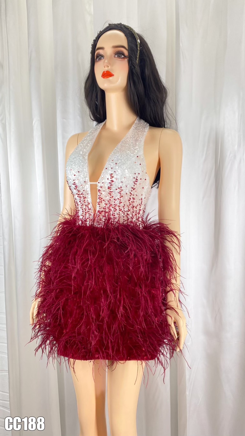 ชุดเดรส คล้องคอ แต่งขน+มุก สีขาว-แดง 2128 Size S BKK - Image 7