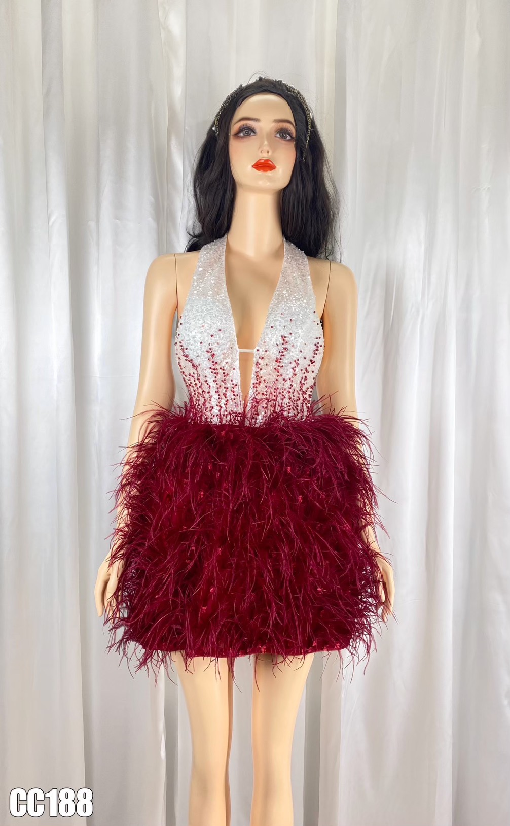 ชุดเดรส คล้องคอ แต่งขน+มุก สีขาว-แดง 2128 Size S BKK - Image 6
