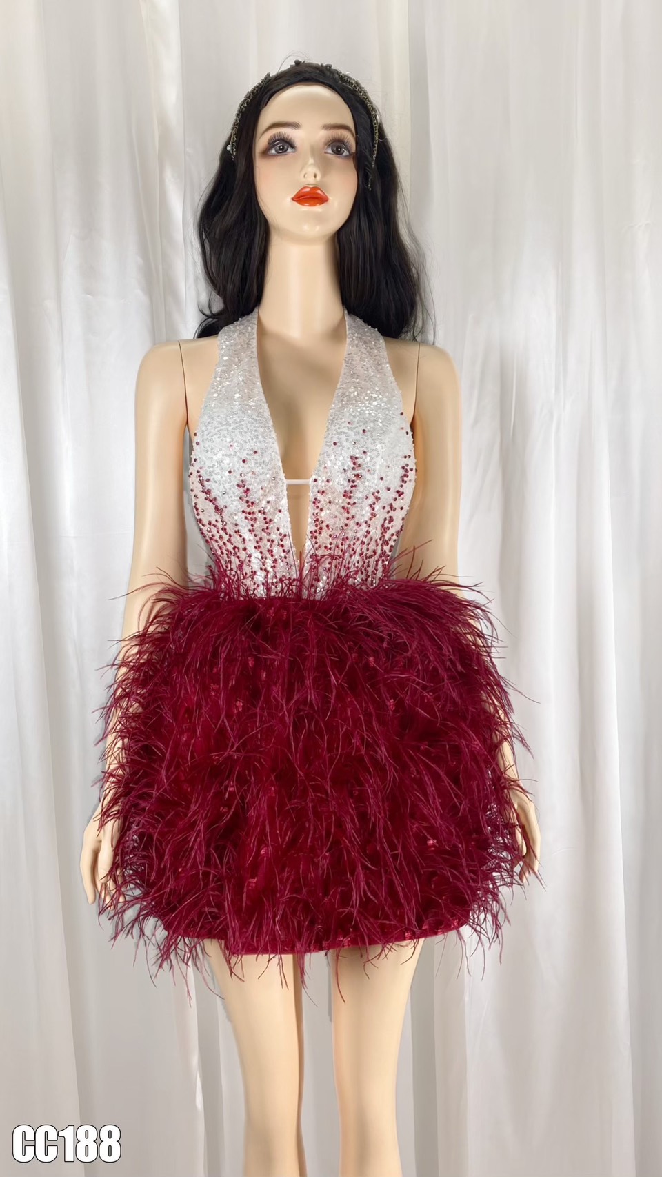 ชุดเดรส คล้องคอ แต่งขน+มุก สีขาว-แดง 2128 Size S BKK - Image 5