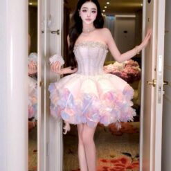 ชุดเดรส เกาะอก แต่งเพชร+ขนนก สีชมพูพาสเทล ม่วง 2024 Size M