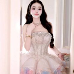 ชุดเดรส เกาะอก แต่งเพชร+ขนนก สีชมพูพาสเทล ม่วง 2024 Size M
