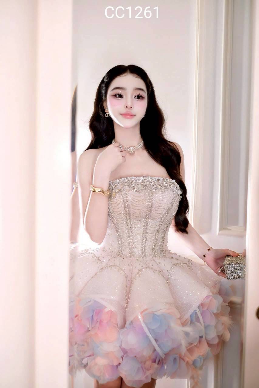 ชุดเดรส เกาะอก แต่งเพชร+ขนนก สีชมพูพาสเทล ม่วง 2024 Size M - Image 2