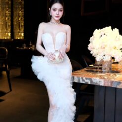 ชุดเดรส ราตรียาว แต่งมุก+เพชร สีขาว 3032 Size M BKK