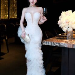 ชุดเดรส ราตรียาว แต่งมุก+เพชร สีขาว 3032 Size M BKK