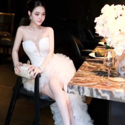 ชุดเดรส ราตรียาว แต่งมุก+เพชร สีขาว 3032 Size M BKK