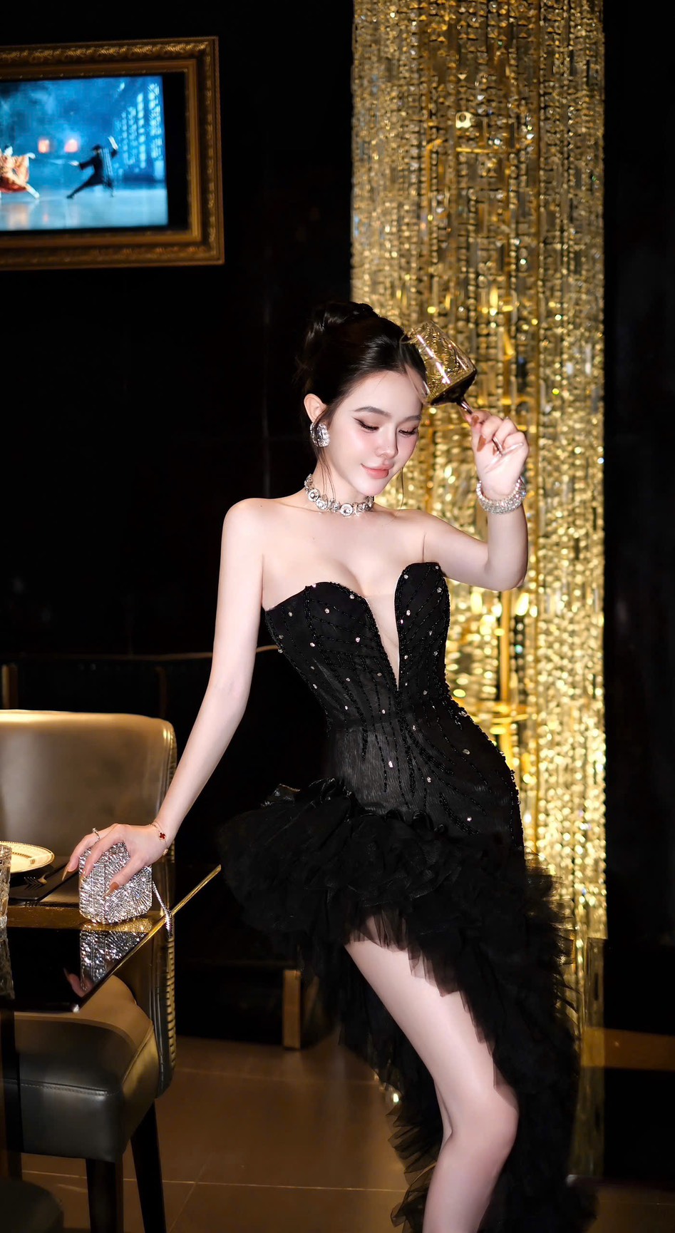 ชุดเดรส ราตรียาว แต่งมุก+เพชร สีดำ 3031 Size M BKK - Image 5