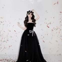 ชุดราตรียาว เกาะอก แต่งโบว์เพชร สีดำ 3029 Size M BKK