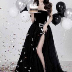 ชุดราตรียาว เกาะอก แต่งโบว์เพชร สีดำ 3029 Size M BKK
