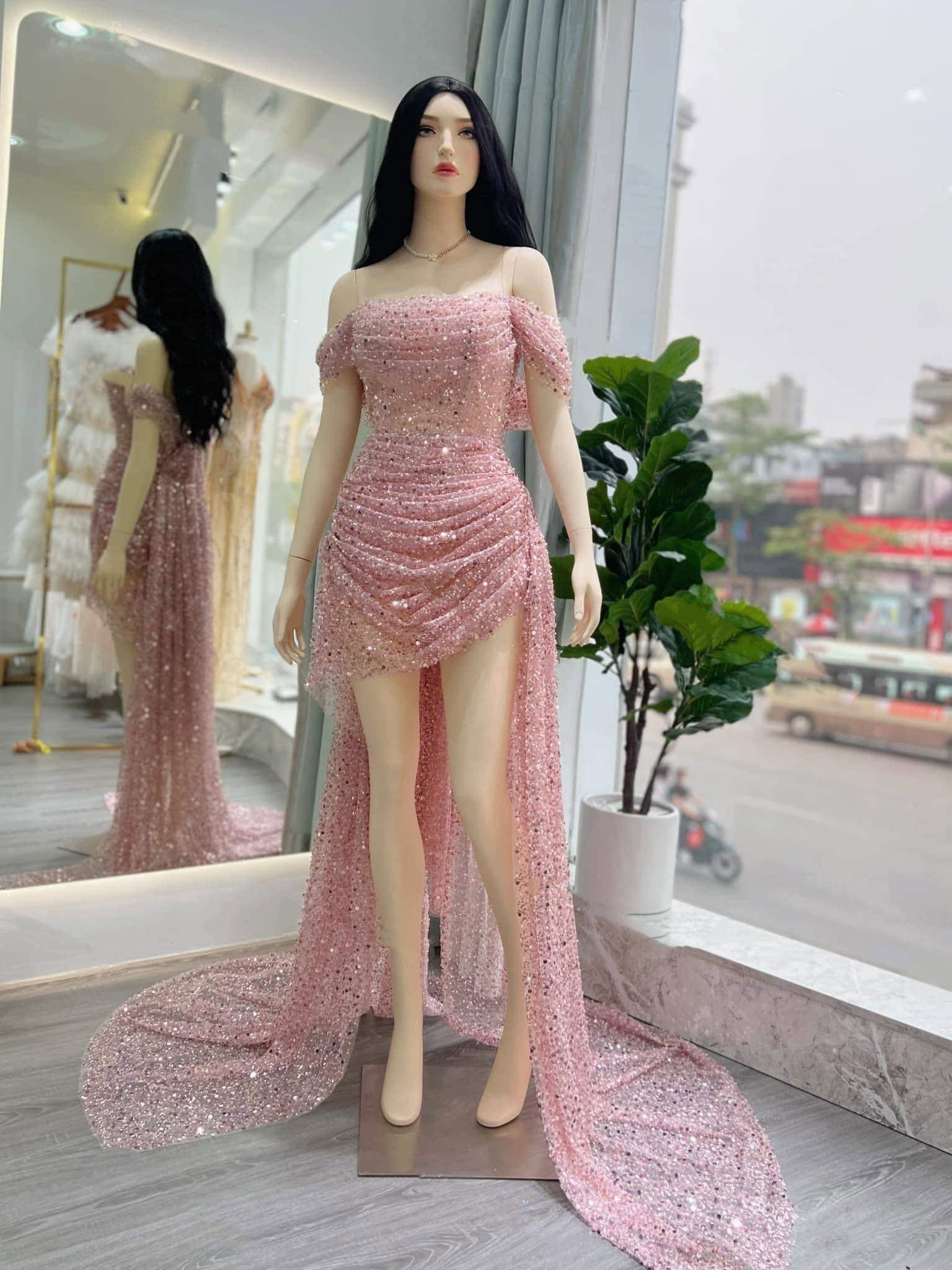 ชุดราตรียาว ปาดไหล่ แต่งกลิตเตอร์ สีชมพู 3025 Size M BKK - Image 6