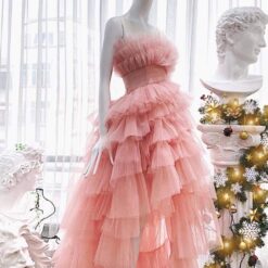 ชุดราตรียาว เกาะอก หางยาว ฟูฟ่อง สีชมพู 3026 Size M BKK