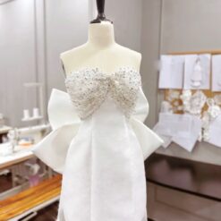 ชุดเดรส ชุดเจ้าสาว เกาะอก แต่งเพชร+โบว์ สีขาว 2118 Size S BKK