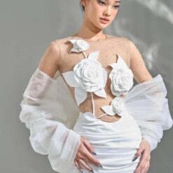 ชุดเดรส ชุดเจ้าสาว ซีทรู ดอกกุหลาบ สีขาว-ครีม 2117 Size M BKK