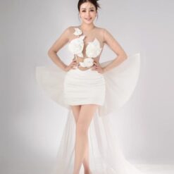 ชุดเดรส ชุดเจ้าสาว ซีทรู ดอกกุหลาบ สีขาว-ครีม 2117 Size M BKK