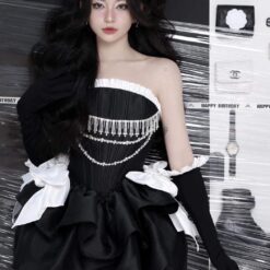 ชุดเดรส เกาะอก แต่งโบว์+เพชร สีดำ 2116 Size S BKK