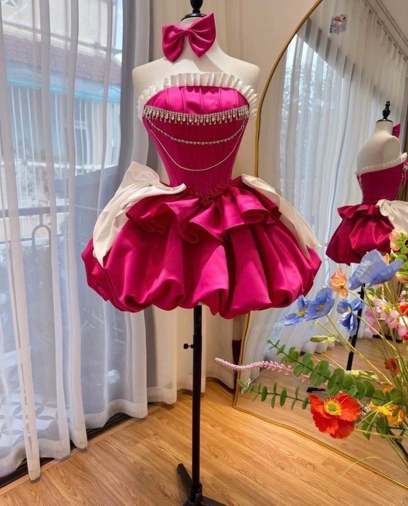 ชุดเดรส เกาะอก แต่งโบว์+เพชร สีชมพู สีบานเย็น 2112 Size S BKK - Image 13
