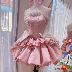 ชุดเดรส เกาะอก แต่งโบว์+เพชร สีชมพู สีบานเย็น 2112 Size S BKK
