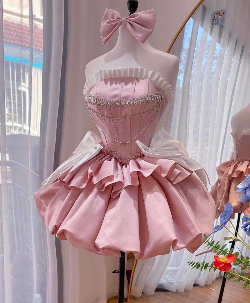ชุดเดรส เกาะอก แต่งโบว์+เพชร สีชมพู สีบานเย็น 2112 Size S BKK