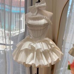 ชุดเดรส เกาะอก แต่งโบว์+เพชร สีขาว 2113 Size S-M BKK
