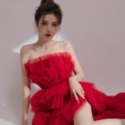 ชุดราตรียาว เกาะอก หางยาว ฟูฟ่อง สีแดง 3028 Size M BKK