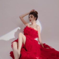 ชุดราตรียาว เกาะอก หางยาว ฟูฟ่อง สีแดง 3028 Size M BKK