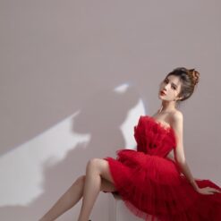 ชุดราตรียาว เกาะอก หางยาว ฟูฟ่อง สีแดง 3028 Size M BKK