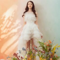 ชุดราตรียาว เกาะอก หางยาว ฟูฟ่อง สีขาว 3027 Size S-M BKK
