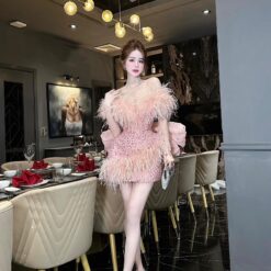 ชุดเดรส ปาดไหล่ ขนนก แต่งกลิตเตอร์ สีชมพู 2098 Size S BKK