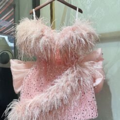 ชุดเดรส ปาดไหล่ ขนนก แต่งกลิตเตอร์ สีชมพู 2098 Size S BKK