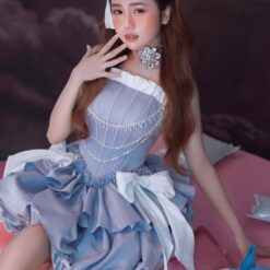 ชุดเดรส เกาะอก แต่งโบว์+เพชร สีฟ้า 2114 Size S BKK