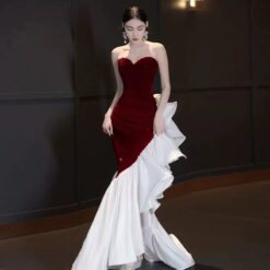 ชุดเดรส เกาะอก กลิตเตอร์ หางปลา สีแดง แบรนด์แท้ นำเข้า 3034 Size S-M BKK